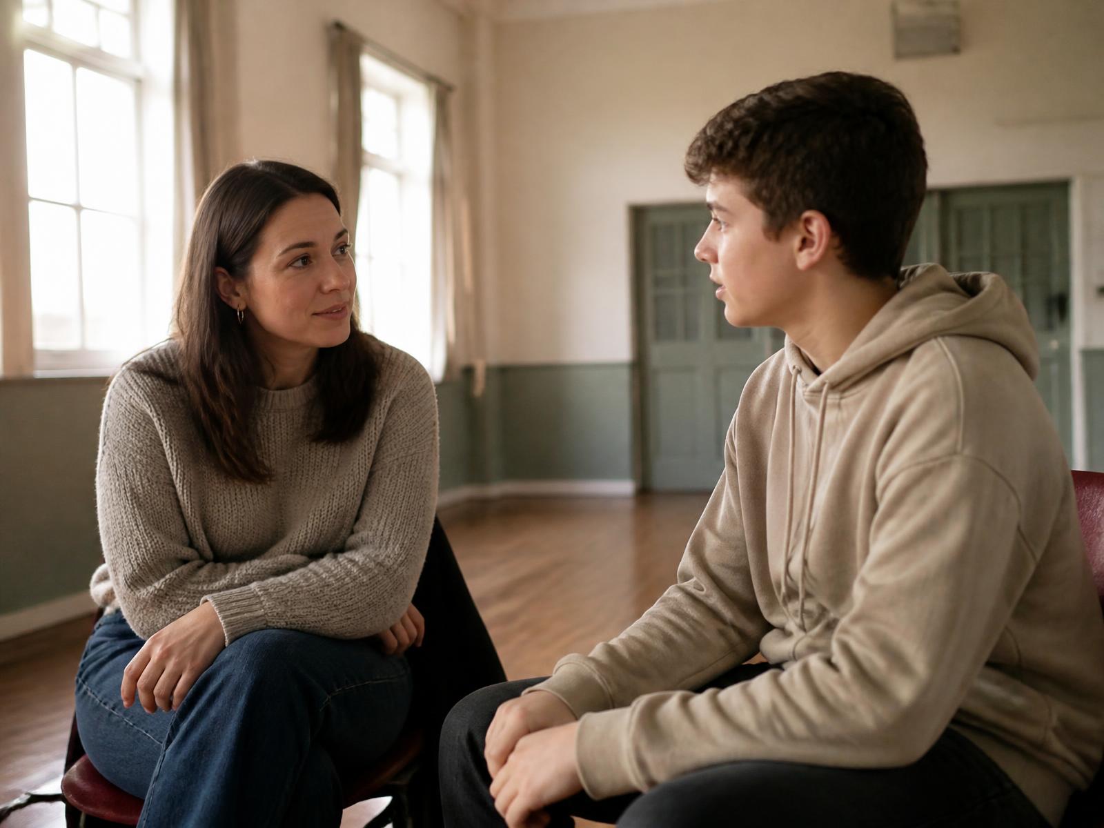 A youth mentor talking with a young person in a Stoke-on-Trent community hall